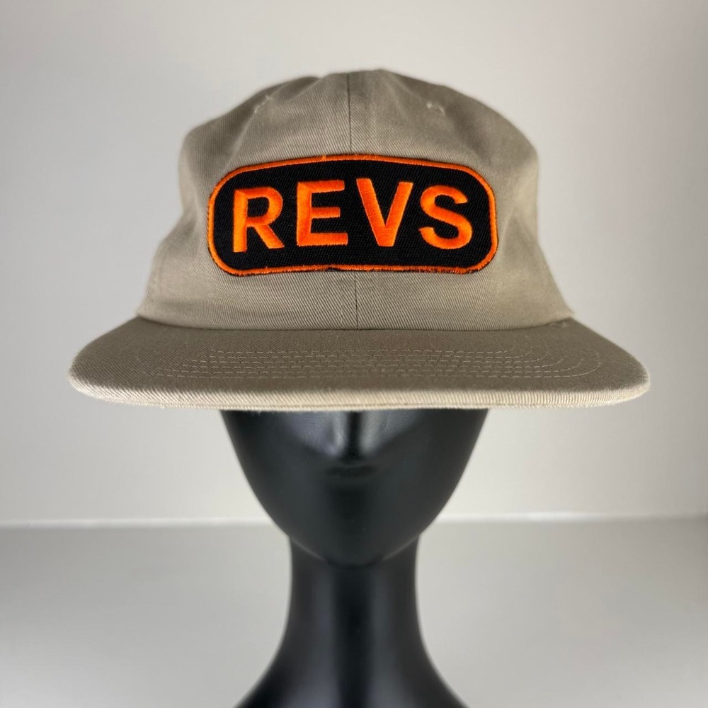 Vintage REVS Neon Orange Patch Khaki Cotton Strapback Hat